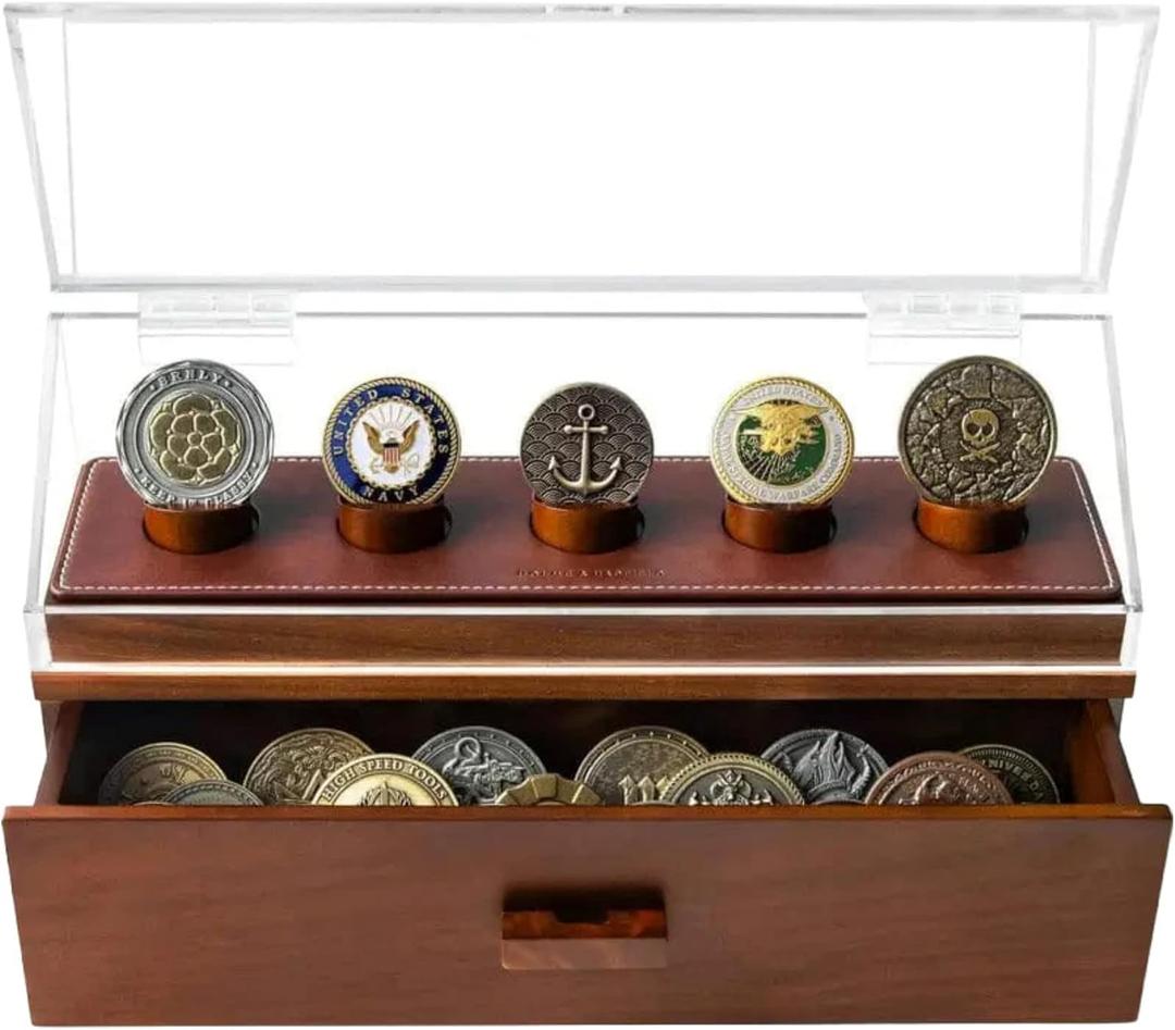 Premium Challenge Coin Display Case for 30 Coins - Wooden Challenge Coin Holder & Organizer with 360 Views, Hinged Cover, Drawer - Coin Display Stand - Handcrafted EDC & Military Gift