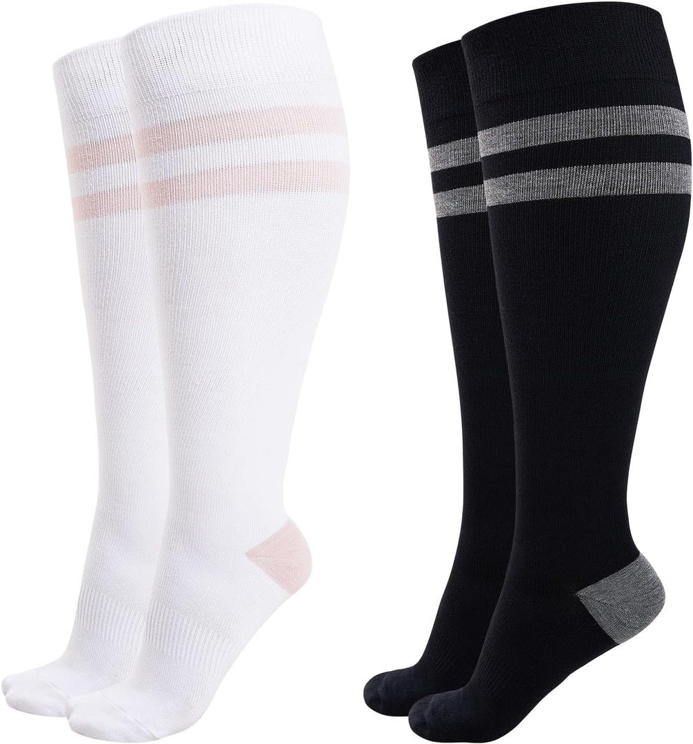 Momcozy Compression Socks for Women Wide Calf, 15-20mmHg Knee High Support Socks for Pregnancy, Nurses, Travel, Flying (X-Large, Black/White)