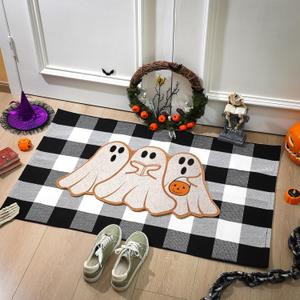 Nuanchu 2 Pcs Halloween Door Mat Combo Set Ghost Coir Non Slip Welcome Mat 28" x 43" Black and White Buffalo Plaid Rug for Halloween Front Porch Entryway Decor