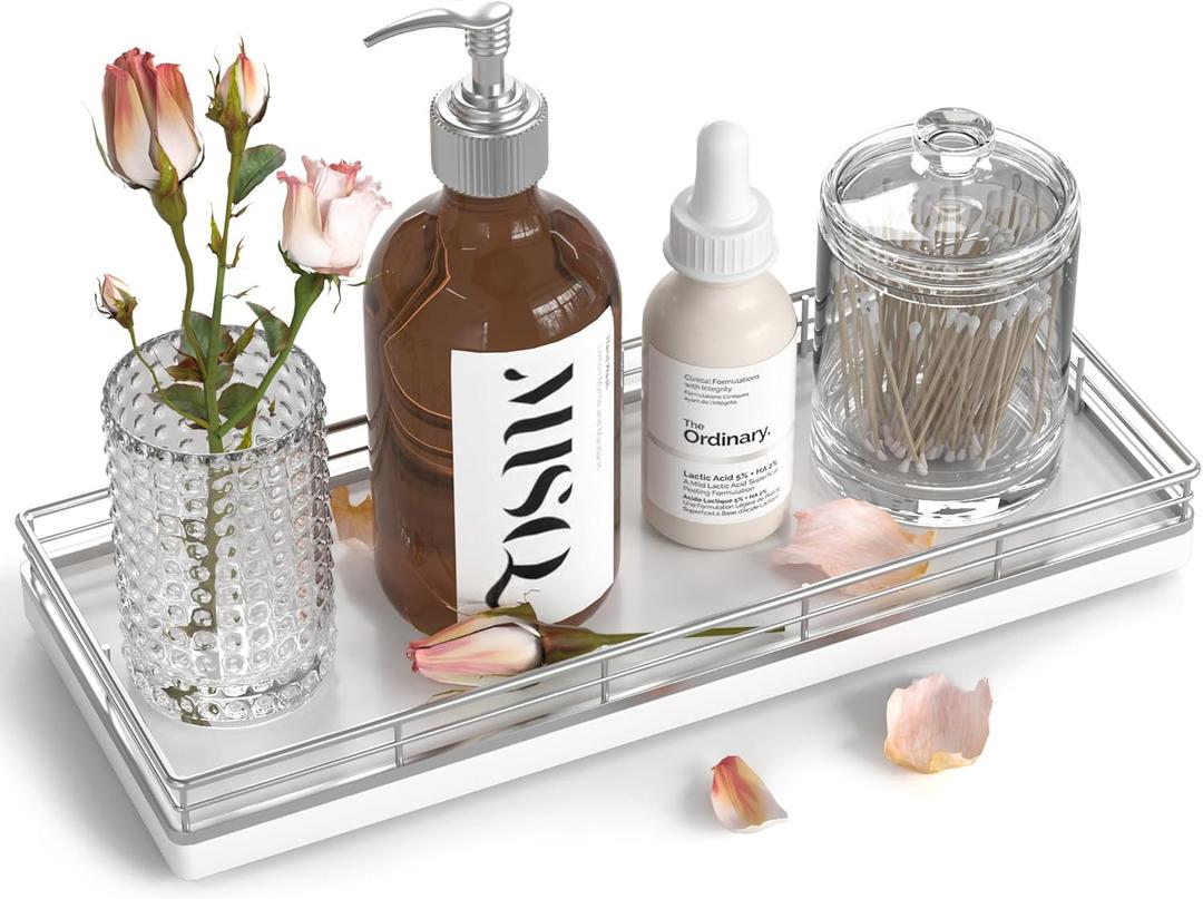 Bathroom Tray for Counter, Oak Wooden 11.2" L Vanity Tray for Jewelry Candle Makeup Perfume, Holder for Coffee Table Decor Bar Silver (11" x 4.3" x 1.5")