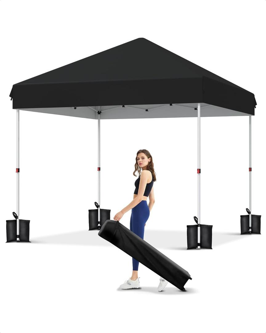 GarveeLife 10x10 Pop Up Canopy with One Button Push Setup - Heavy Duty Outdoor Canopy Tent with Portable Roller Bag - 3 Adjustable Height, 4 Weight Bags, 8 Stakes & 4 Guy Ropes Included, Black