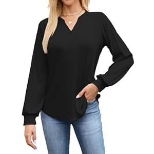 ALFYRCFT Long Sleeve Shirts for Women V Neck Pleated Puff Sleeve Tunic Tops Dressy Business Casual Work Blouses Fall Black 2XL