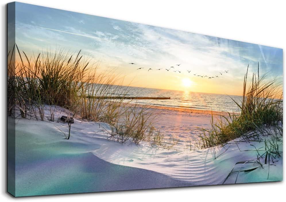 Canvas Wall Art For Living Room Large Size Wall Art Decor For Bedroom Blue Ocean Beach Landscape Paintings Poster Prints Artwork Office Decorations Seascape Wall Pictures Modern Room Home Decor Works (40L" x 20W")