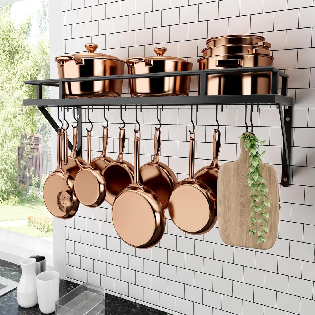 KES 30-Inch Kitchen Pan Pot Rack Wall Mounted Hanging Storage Organizer Wall Shelf with Hooks Matte Black, KUR215S75A-BK KES 30-Inch Kitchen Pan Pot Rack Wall Mounted Hanging Storage Organizer Wall Shelf with Hooks Matte Black, KUR215S75A-BK