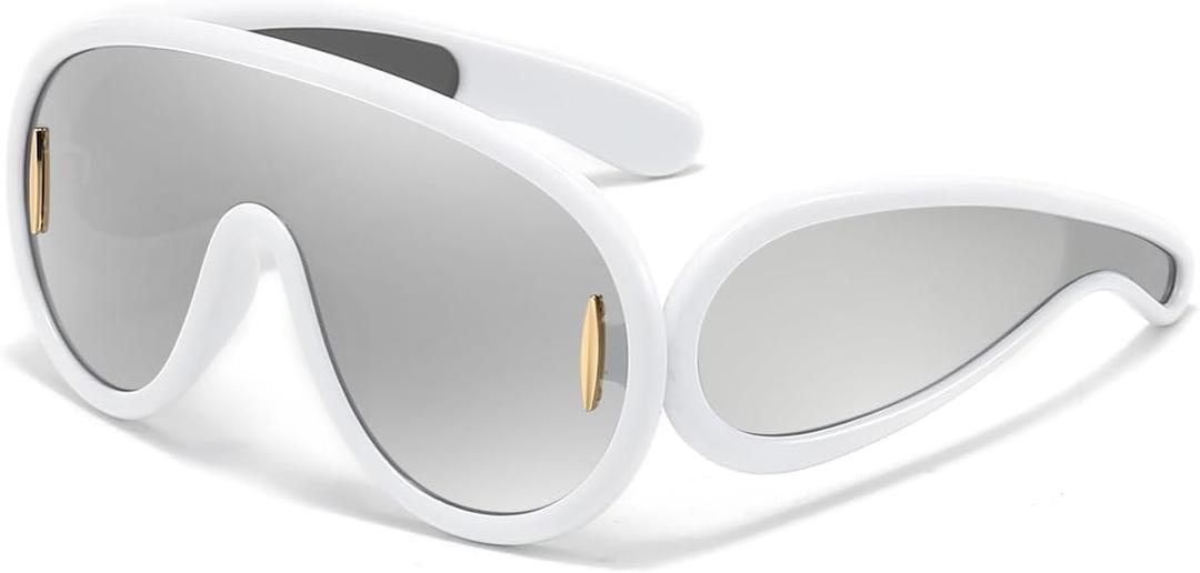 Trendy Wave Mask Sunglasses for Women Men Oversized Shield Sun Glasses Fashion Designer Style (White/Silver)