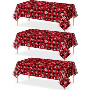 3 Pieces Red and Black Buffalo Plaid Merry Christmas Party Tablecloth Decorations,Plastic White Snowflake Buffalo Plaid Sign Table Cover for Winter Christmas Holiday Party Supplies,54x108 inch