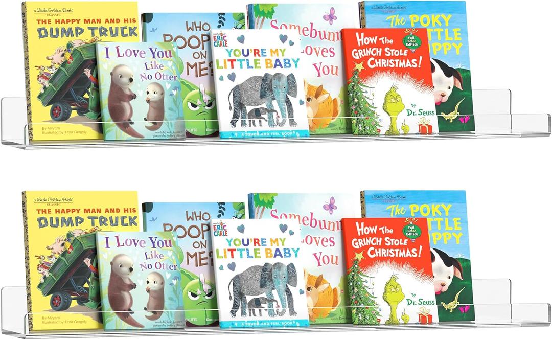 HBlife 36 Inches Floating Shelves Wall Mounted Clear Acrylic Shelves for Figures, 16 Inch Stud Spacing Invisible Floating Bookshelf for Kids and Nursery, 2 Pack (5MM Thick)