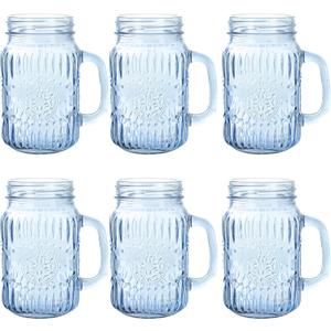 SUT Mason Jar Drinking Glasses with Handle, 6 Pack, 16 Oz Vintage Embossed Blue Mason Jar Cups for Iced Coffee, Juice, Tea and Beer