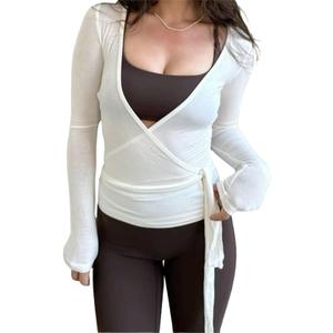 Women Wrap Tie Top Y2k Long SLeeve Ballet Workout Yoga Shirt Coquette Blouses (Medium, White)