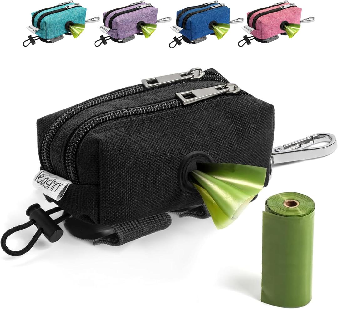 Dog Poop Bag Holder for Leashes - Dog Poop Bag Dispenser and Treat Holder with 2 Waterproof Pouches for Pet Waste Bags and Walking Accessories + 1 Free Roll - Leashrr 2.0 (Color) (Black)