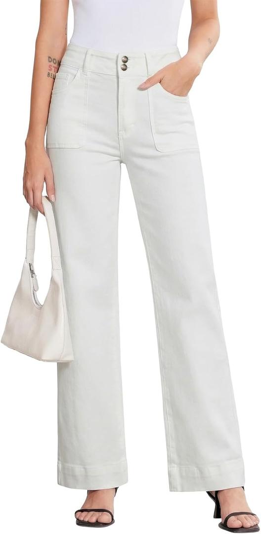Sidefeel Women's Wide Leg Jeans High Waisted Stretchy Tummy Control Straight Leg Denim Pants (White) Size 