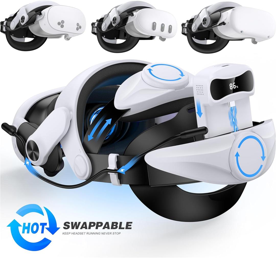 Battery Head Strap for Meta Quest 3/Quest 3s/Quest 2, VR Headset Strap with Soft Padding, Double Adjustment Dials Enhanced Comfort, Extra 3-4Hrs Playing Time