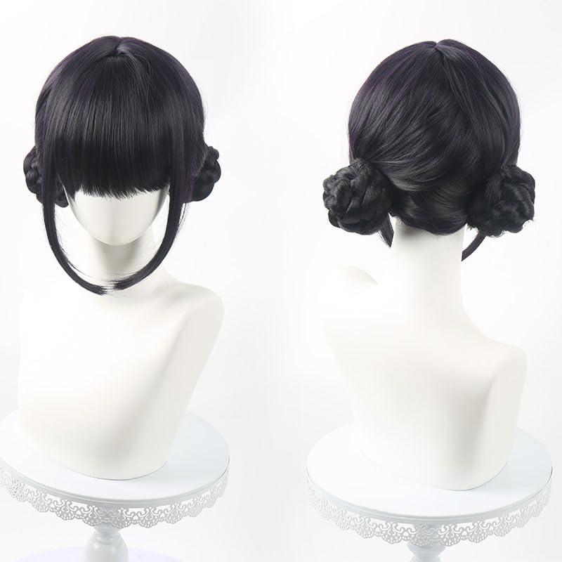 Anime Costume Cosplay Wig with Double Buns Straight Bangs Black Synthetic Hair Wigs
