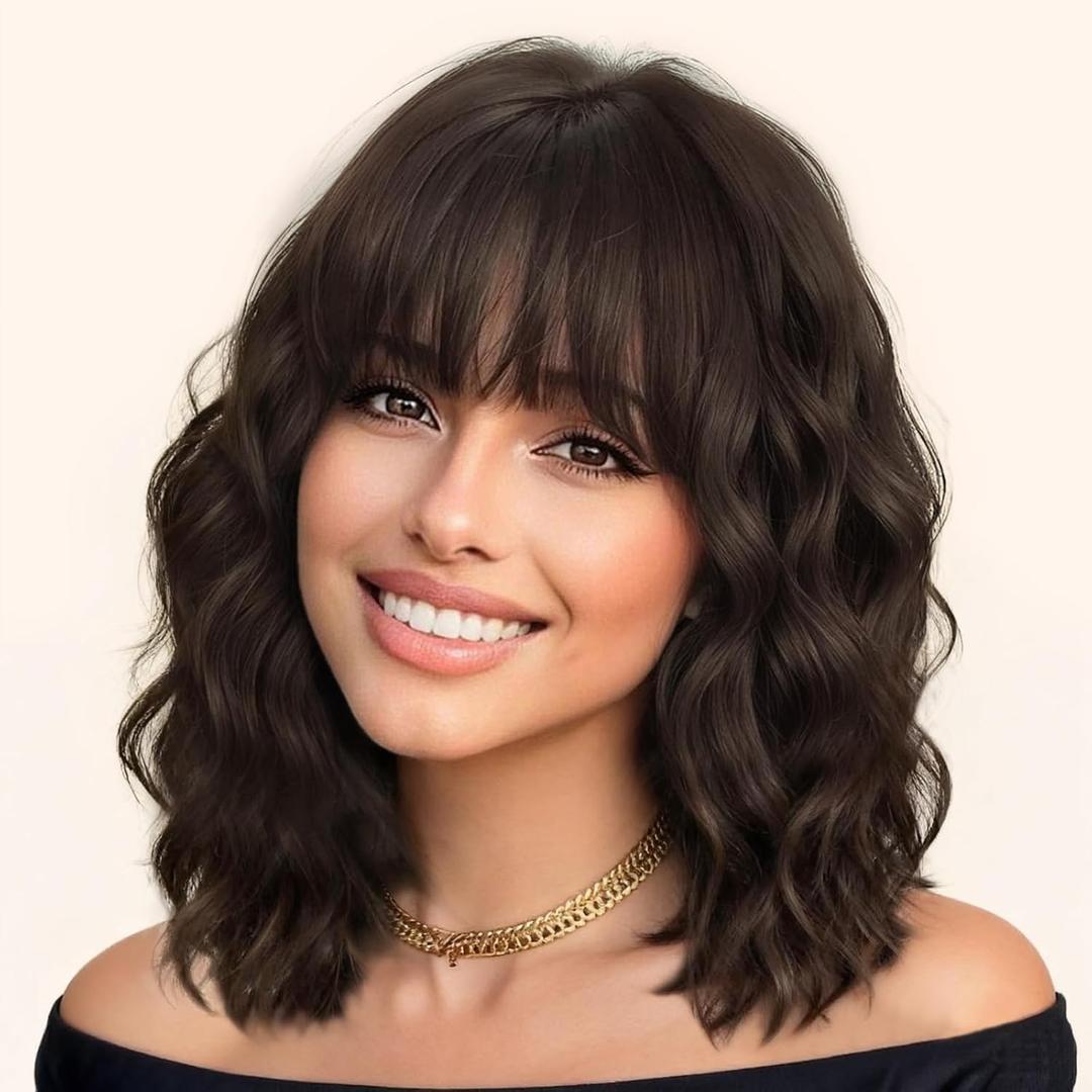 Brown Short Wavy Wig with Bangs for Women Dark Brown Bob Synthetic Heat Resistant - Natural Look for Daily Party Cosplay Use 14 Inch