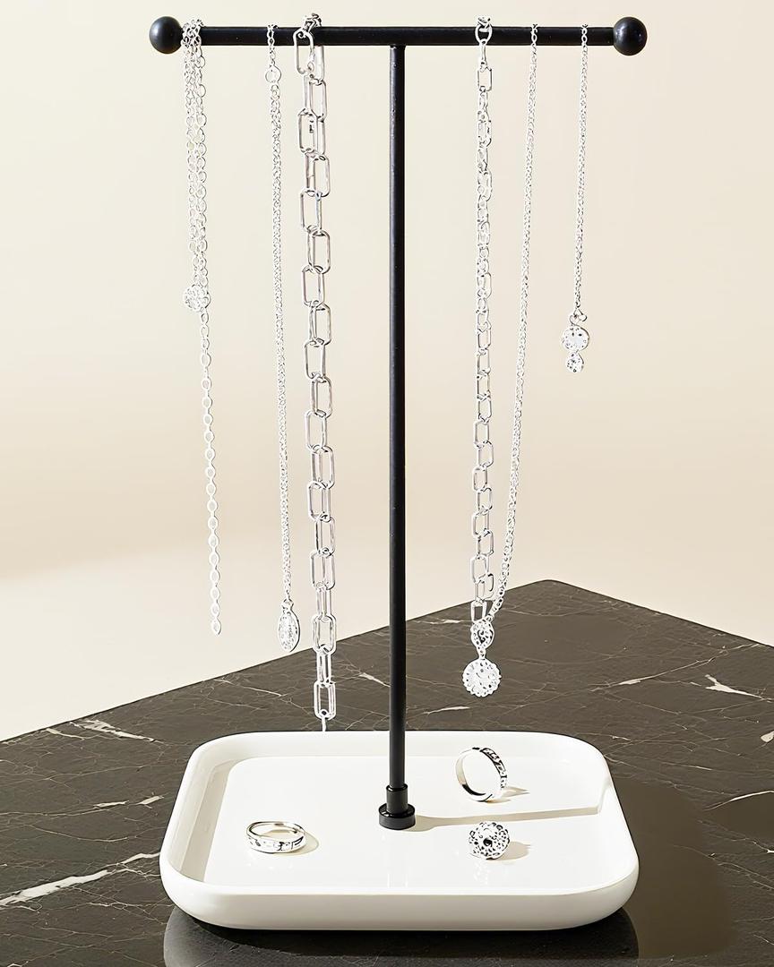 VROOMIUM Necklace Holder- Ceramic Base 1ft Height Jewelry Organizer Stand, Aesthetic Jewelry Hanger Display for Necklaces, Bracelets, Rings, Exhibidor de Collares-Minimalist White (Sq. Chic White)