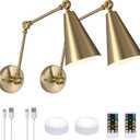 MWZ Gold Battery Operated Swing Arm Wall Sconces Set of 2,Wireless Rechargeable Dimmable 3 Color Wall Light with Remote,Cone Indoor Light Fixture for Bedside,Kitchen,Hallway,Living Room,Reading