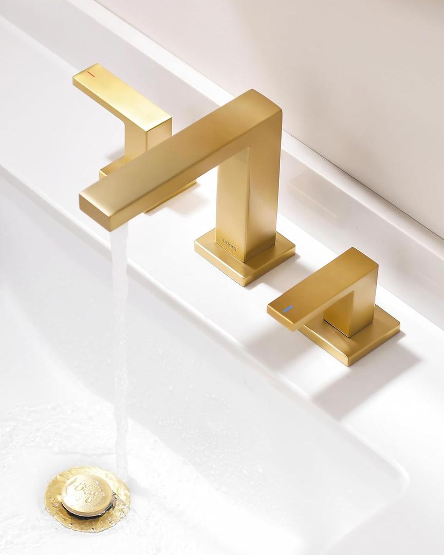 Brushed Gold Bathroom Faucets Vanity Faucets for Sink 3 Hole Two Handles Widespread 4 Inch 8 Inch Brass Bathroom Sink Faucet with Pop Up Drain and Cupc Lead-Free Hose