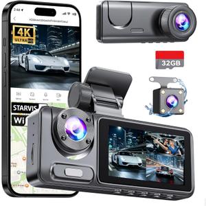 Dash Cam Front Rear with 3 Channel, 4K Full UHD Car Camera, 5GHz WiFi & App Control, Free 32GB Card Included, Dash Camera for Cars with IR Night Vision, 24 Parking Mode, Loop Recording, G-Sensor