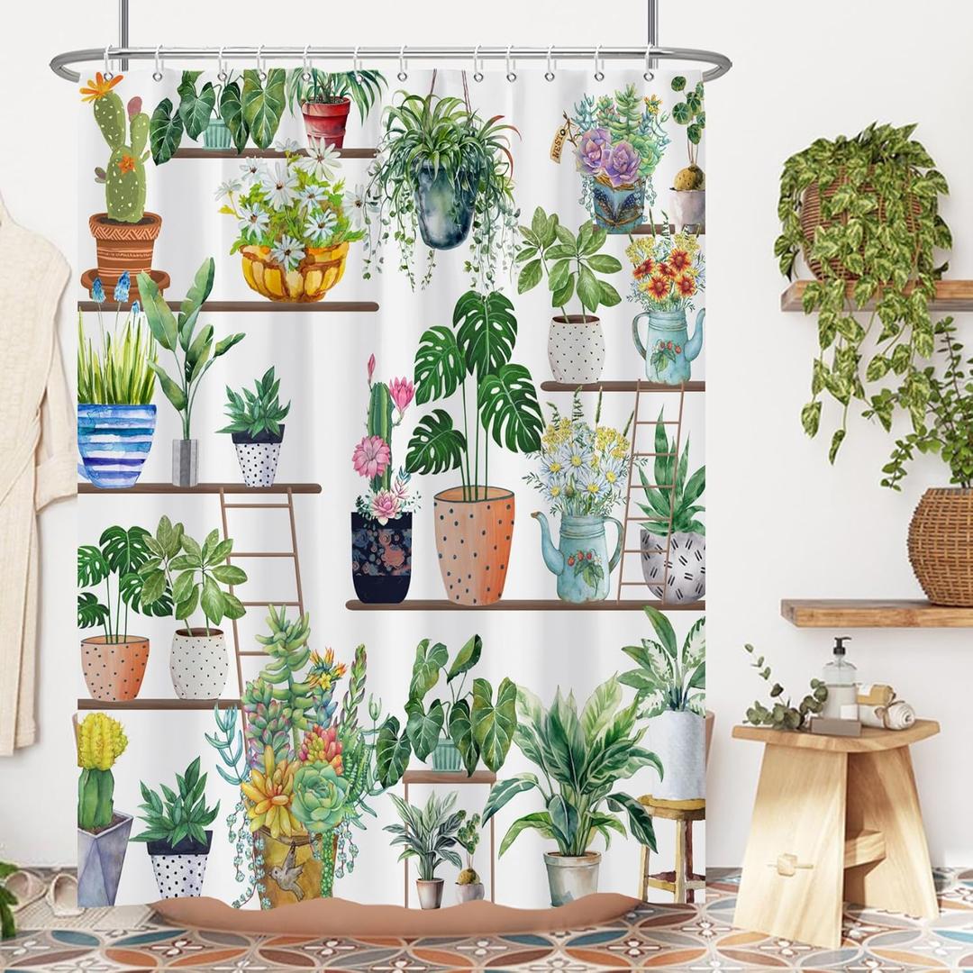 Boho Plant Wall Shower Curtain, Spring Green Plants Flower Shower Curtain Set for Bathroom, Natural Arboretum Botanical Garden Fabric Bath Curtain with Hooks, 72x78in