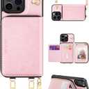 OCASE Compatible with iPhone 16 Pro Crossbody Wallet Case with Card Holder, PU Leather Zipper Handbag Phone Purse with RFID Blocking Kickstand Wrist Strap Lanyard 6.3 Inch, Pink