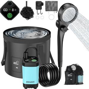 Portable Camping Shower, 6000mAh with LED Display, Camp Shower with 5 Gallons CollapsibleBucket, 3 Spray Modes for Hiking, Travel, Car, Pet