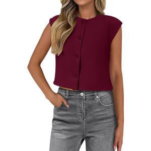 PRETTYGARDEN Women's Suit Vest Crop Tops Spring Summer Dressy Business Casual Work Office Clothes Trendy Blazer Waistcoat (X-Large, Wine Red)