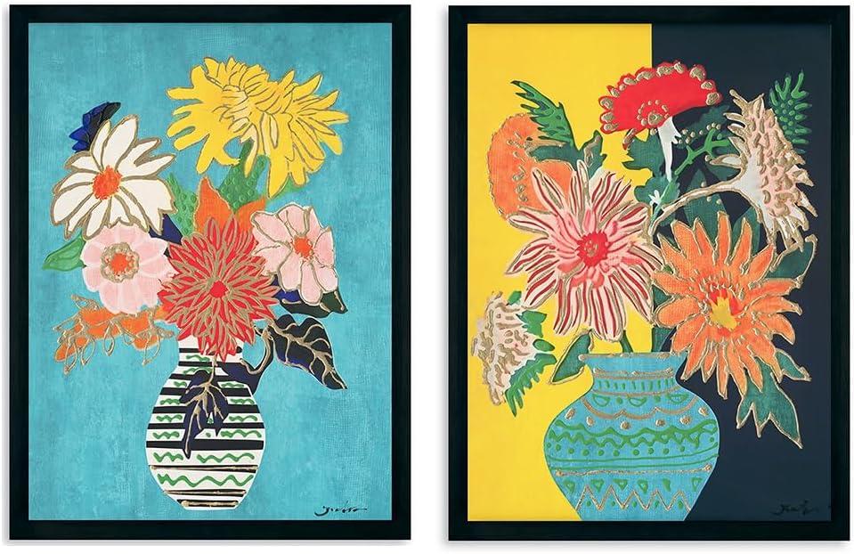 Yidepot Teal Gold Flowers Wall Decor - Vase Flower Boho Blue Floral Art Prints Fake Black Frame Colorful Art Work for Bedroom Walls 12"x16"x2 -black wood frame