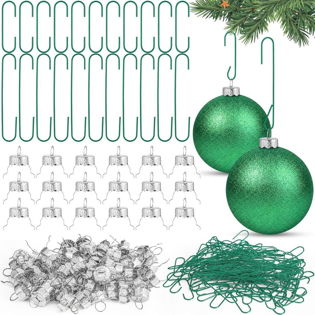 400 Pack Round Christmas Ornament Caps and Ornament Hooks Set Christmas Tree Decorating Hangers Caps Ceramic Glass Plastic DIY Decorations (Green)