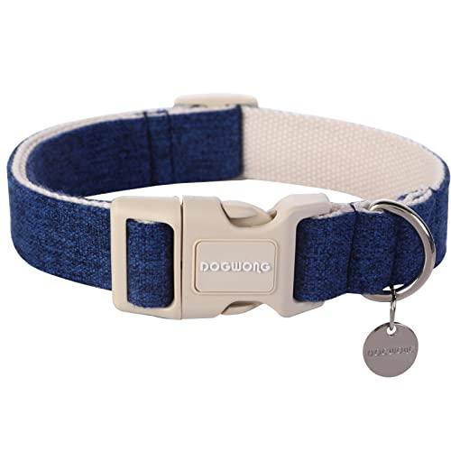 DOGWONG Cotton Hemp Dog Collar, Heavy-Duty Blue Dog Collar Adjustable Soft Natural Fabric Cute Wedding Puppy Necklace for Small Medium Large Dogs