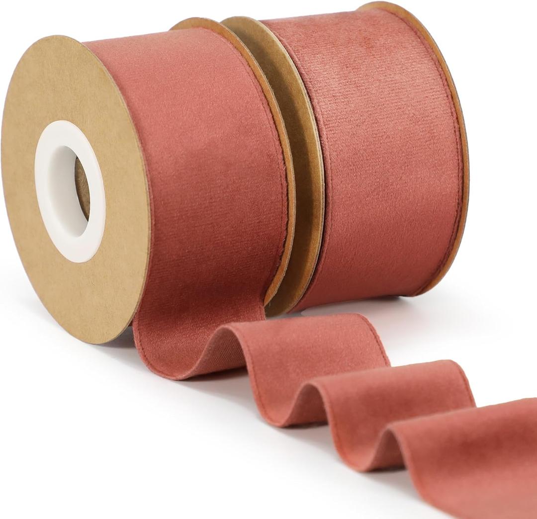 Rust Red Velvet Ribbon, 1-1/2 inch Wide Handmade Fabric Ribbons for Christmas Decor, Flower Bouquet, Wedding Decoration, Baby Shower, 2 Rolls