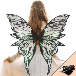 YKW Fairy Wings for Adult Women,31.5"x29" Butterfly Cosplay Wings with Lace Gloves,Organza Costume Wings for Halloween Party (Black)