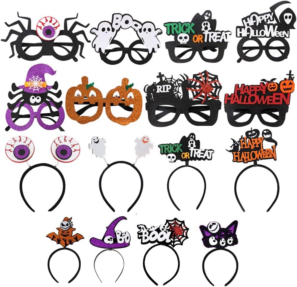 Halloween Headband and Glasses Bulk for Men Women with Pumpkin, Bat, Skull & Spider Designs, Cute Photo Booth Props