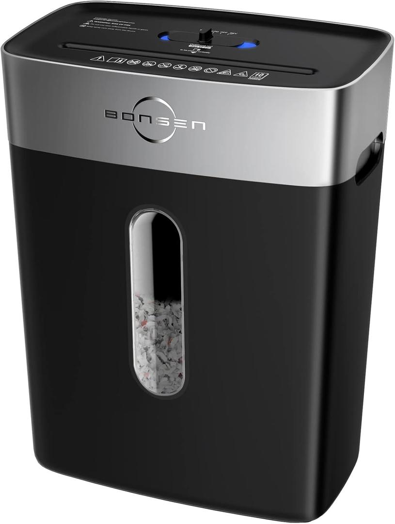 BONSEN Paper Shredder for Home Office, 4 Gallons Bin, 10-Sheet Cross-Cut Shredder, P-4 High Security Level, Quiet Credit Card Shredder with Jam Proof System (S3201) (No Handle-Black)