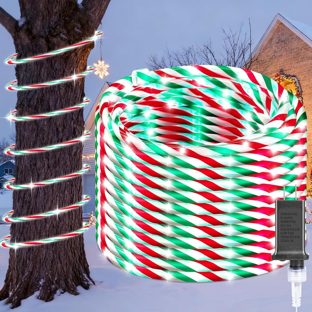 65.6FT Christmas Candy Cane Rope Lights, 8 Lighting Modes Christmas Outdoor Rope Lights with Plug 400 LED Waterproof Tube Striped Lights for Holiday Xmas Yard Party Holiday XmasRed White Green