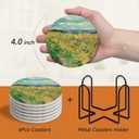 Van Gogh Painting Style Coasters Set of 6 with Holder and Cork Base-4in Absorbent Ceramics Art Coaster for Tabletop Protection Drink Coasters-Coffee Table,Home Decor-Housewarming Gifts for New Home