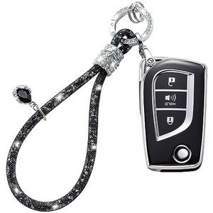 COXTOBRH for Toyota Key Fob Cover with Crystal Car Keychain, Key Case Protection for Toyota 4Runner Avalon C-HR Camry Corolla Fortuner Highlander Levin RAV4, Black Set of 2