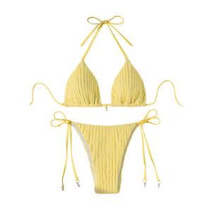 Verdusa Women's 2 Piece Textured Halter Bikini Set Self Tie Triangle String Swimsuit Summer Beachwear Yellow Medium
