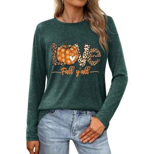 TOTWOW Fall Long Sleeve Shirts Women Family Halloween Thanksgiving Tops Casual Thankful Pumpkin Turkey Graphic Tees (Large)