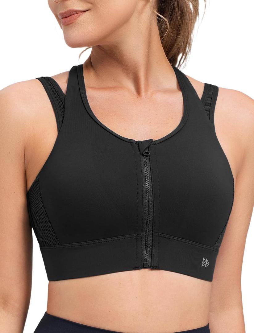 Yvette Front Closure High Support Sports Bras for Women Double Straps Plus Size Sports Bra with Sewn in Pads (Black, S)