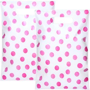 Cholemy 100 Pcs Pink Polka Dot Gift Bags with Handles Plastic Pink Goodie Candy Snack Treat Party Favor Bag for Birthday Baby Shower Wedding Princess Themed Party Favors