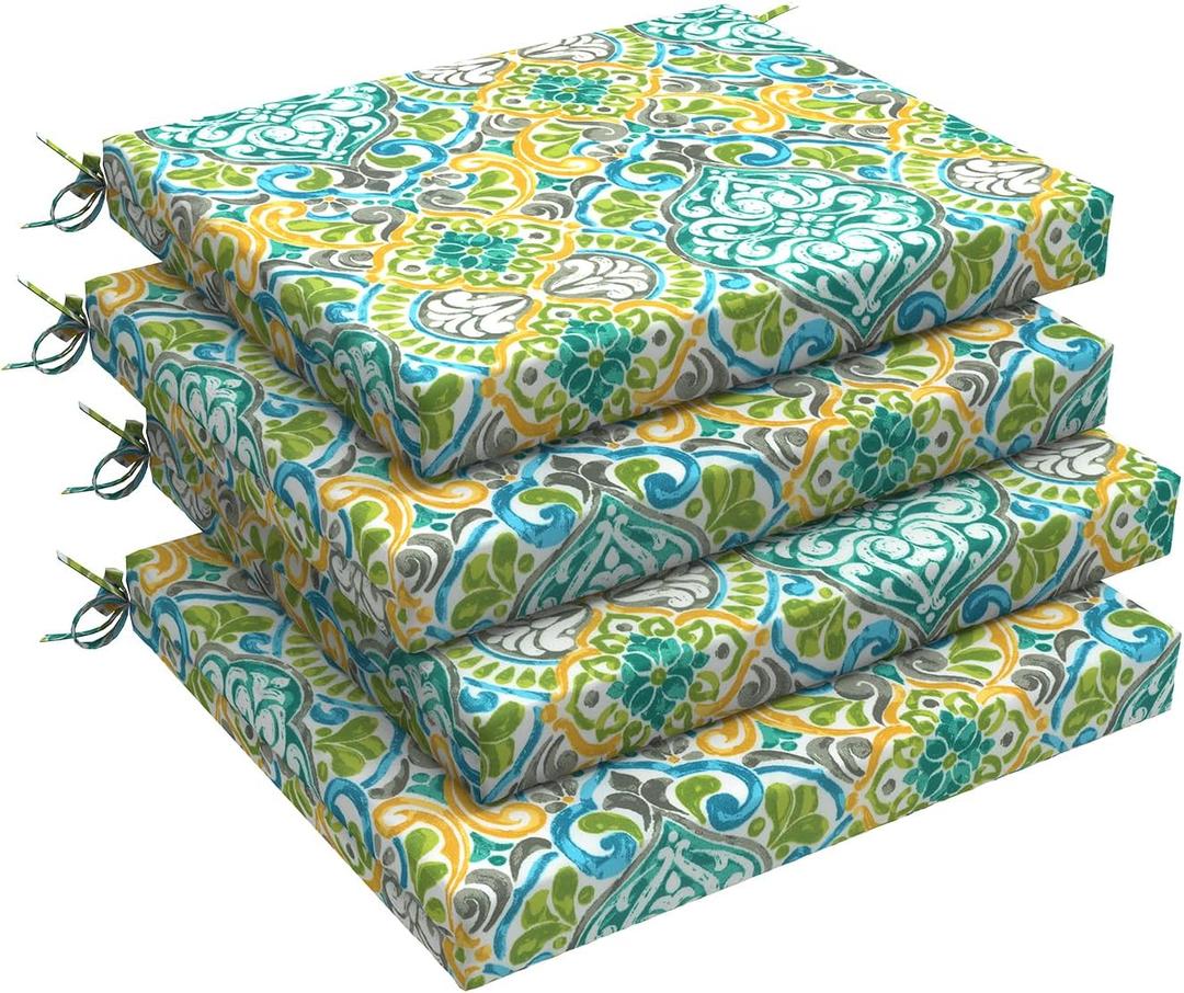 LVTXIII Outdoor Chair Cushions, Water Repellent Patio Furniture Cushions Outdoor Square Chair Pads with Ties for Dining Chairs and Garden Furniture Decoration, 18.5"x16"x2" Set of 4, Damask Green