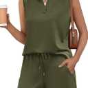 Glamaker Womens Two Piece Short Sets Summer V Neck Travel Outfits Sweatsuits Sleeveless Lounge Sets Tracksuit (Green, L)