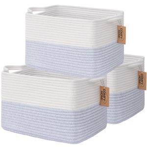 COMFY-HOMI 3PACK Cotton Rope Square Baske with Handles for Shelves|Dog Toy Baske Bin and Storage|Baby Baske for Gift|Shoe Baske for Organizing|13.5" x 11" x 9.5" for Living RoomWhite/Blue