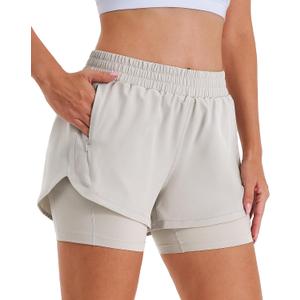 Stelle Women 2 in 1 Running Shorts High Waisted Athletic Shorts Gym Workout Shorts with Liner Zipper Pockets (Beige, XXL)