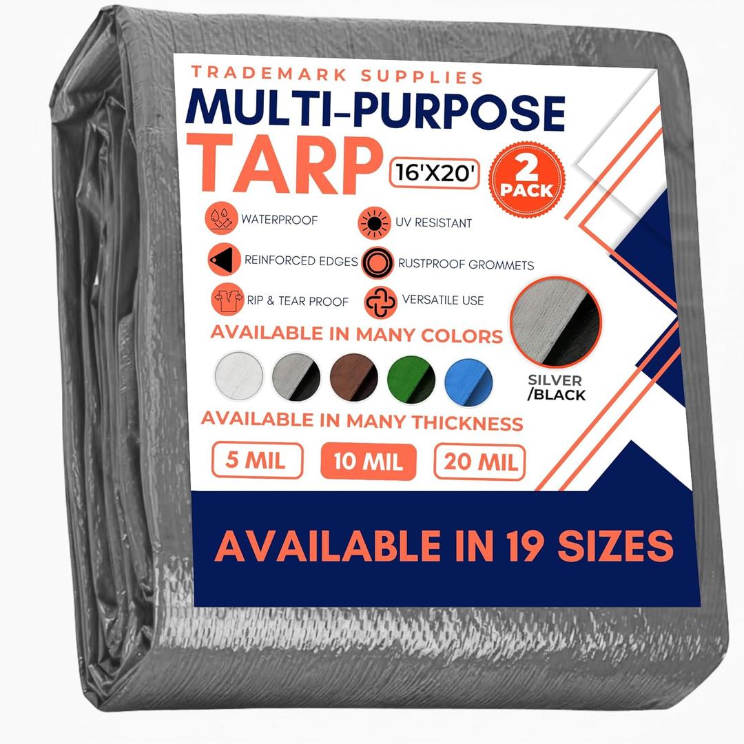Large Waterproof Tarp - Heavy Duty 10 Mil Thick Poly Tarpaulin Ideal for Canopy Tents, Boats, RV or Pool Covers - Multipurpose Protective Tarps with Grommets for Indoor, Outdoor Use | 16' x 20' 2 Pack