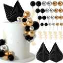 NEBURORA 64 Pcs Balls Cake Toppers and Leaves Decoration Set Mini Balloons for Cake Decorating Supplies Balls Cake decorations for Baby Shower Cake Toppers Birthday Cake Decorations (Black Gold