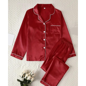 Women's Satin Long Sleeve Pajamas Set for Autumn and Winter-Button Top & Trouser Pajama Set Medium