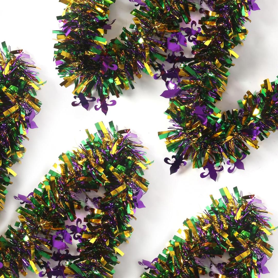 50 Feet Mardi Gras Tinsel Garland Gold Green Purple Garland Mardi Gras Christmas Tree Tinsel Garland Metallic Twisted Hanging Garland for Mardi Gras Oktoberfest Birthday Party Decoration