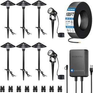 SUNVIE All-in-One LED Low Voltage Landscape Lighting Kit 6 Pathway Lights 2 Spotlights with 60W Photocell Transformer 100FT Wire for Path&Garden, Aluminum, ETL Listed, Dusk to Dawn, Waterproof, 3000K