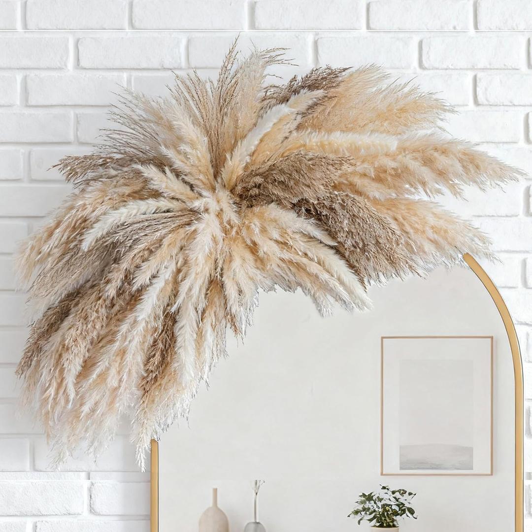 Fluffy Boho Wall Decor - DIY Pampas Grass Kits,Need to Assemble,Decorative Pampas Cloud,Mirror Decorative,for Entryway Bedroom Living Room Bathroom House Warming Gifts New Home Essential (Large)
